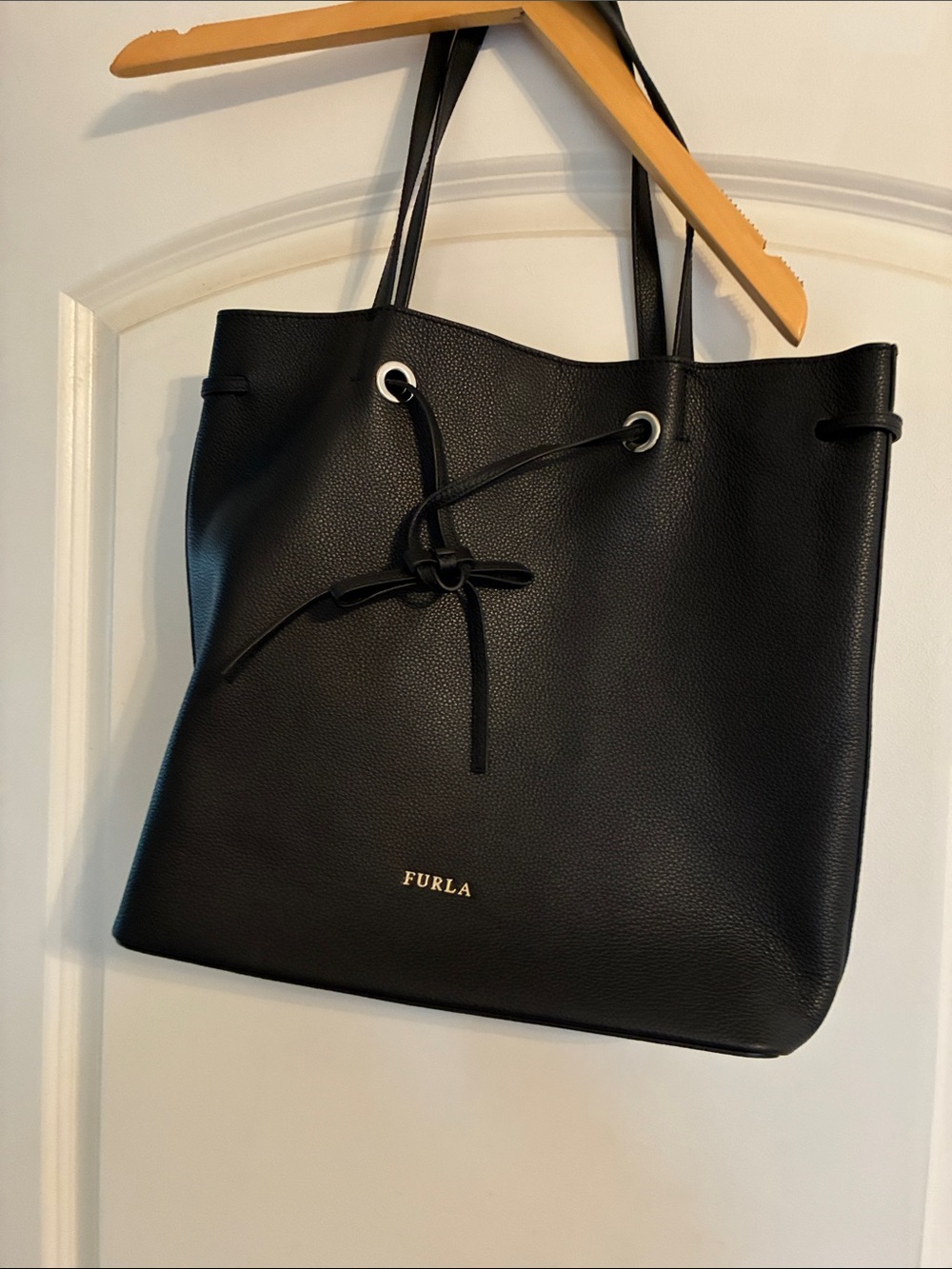 Furla Constanza (?) Black Pebbled Leather Drawstring Shoulder Tote